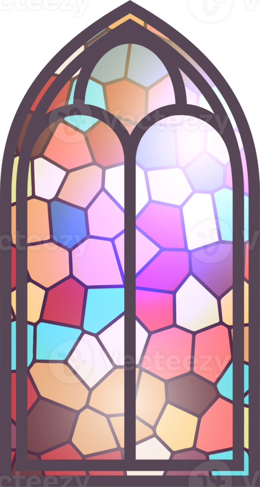 Gothic stained glass window. Church medieval arch. Catholic cathedral mosaic frame. Old architecture design png