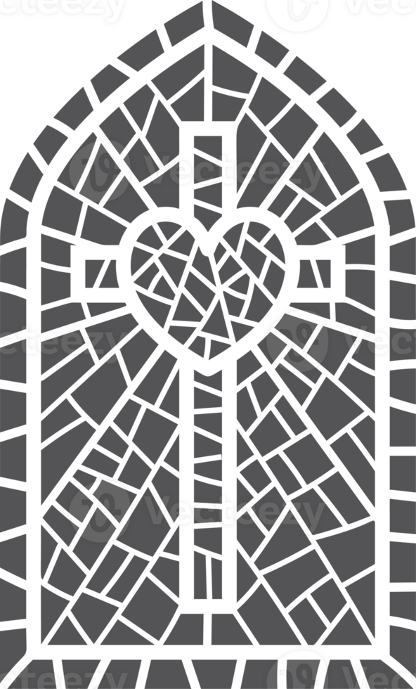 Church glass window. Stained mosaic catholic frame with religious symbol cross and heart. Outline illustration png