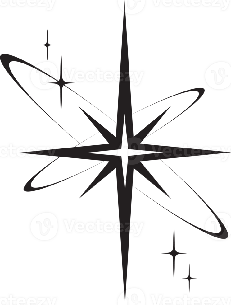 Line icon of star. Y2k shiny element. Sparkles and glitter symbol. Retro graphic of minimal figure. Magic black twinkles sun and moon with cosmic orbits png