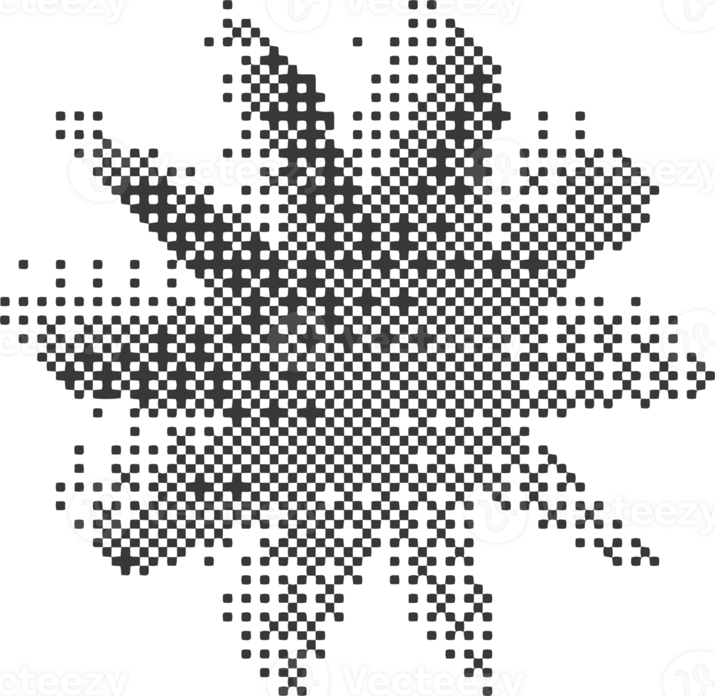 Pixel pattern star shape. Textured daisy with bitmap Y2k dither gradient. Retro sign with old computer game graphic effect. Halftone grunge illustration png