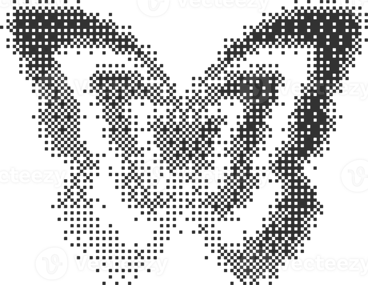 Bitmap pattern abstract butterfly shape. Halftone gradient element. Graphic abstract icon. Dither noisy grunge texture. png