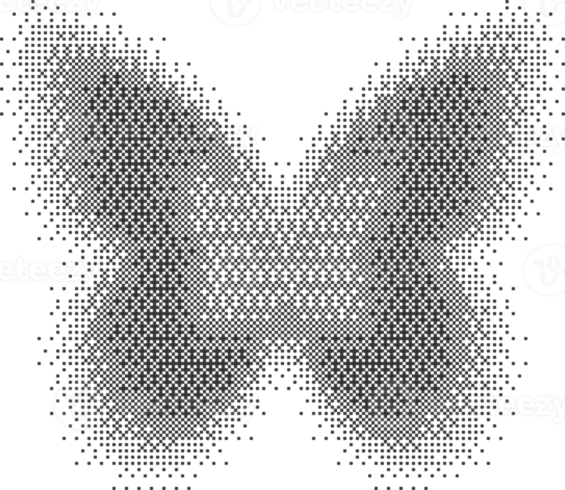 Bitmap pattern abstract butterfly shape. Halftone gradient element. Dither noisy grunge texture. Graphic abstract icon. Noisy grunge texture. png
