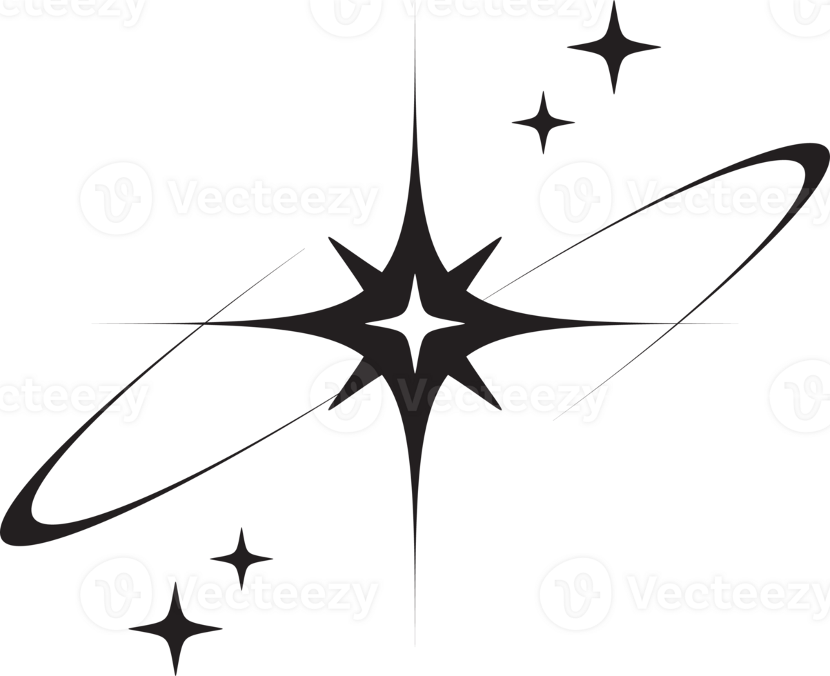 Line icon of star. Y2k shiny element. Sparkles and glitter symbol. Retro graphic of minimal figure. Magic black twinkles sun and moon with cosmic orbits png