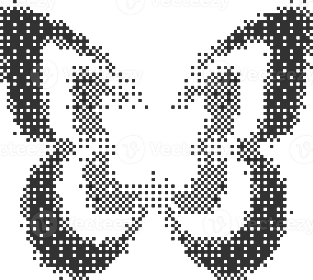 Bitmap pattern abstract butterfly shape. Halftone gradient element. Graphic abstract icon. Dither noisy grunge texture. png