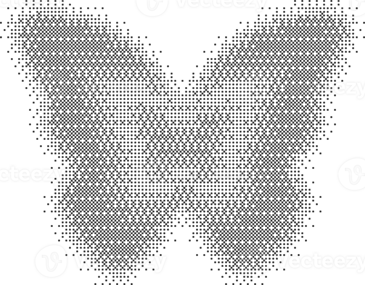 Bitmap pattern abstract butterfly shape. Halftone gradient element. Dither noisy grunge texture. Graphic abstract icon. Noisy grunge texture. png