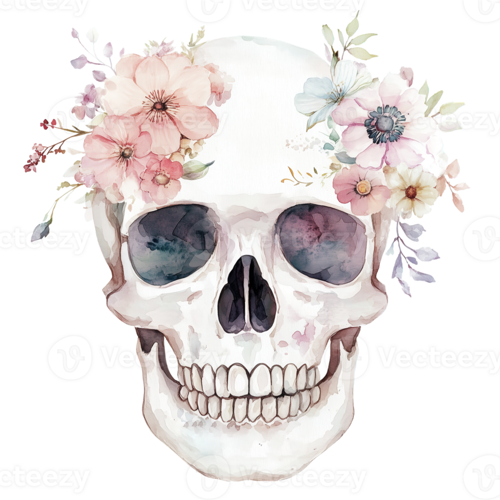 Skull Adorned with Pastel Flowers png