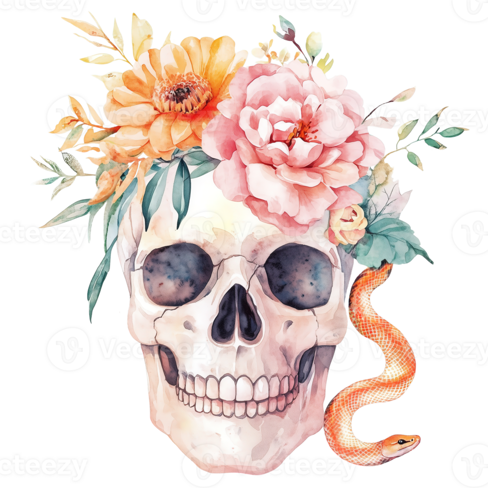 Cute Watercolor Skull with Flower Crown Featuring Pastel Colors of Pink and Orange, with Small Snake Near It png