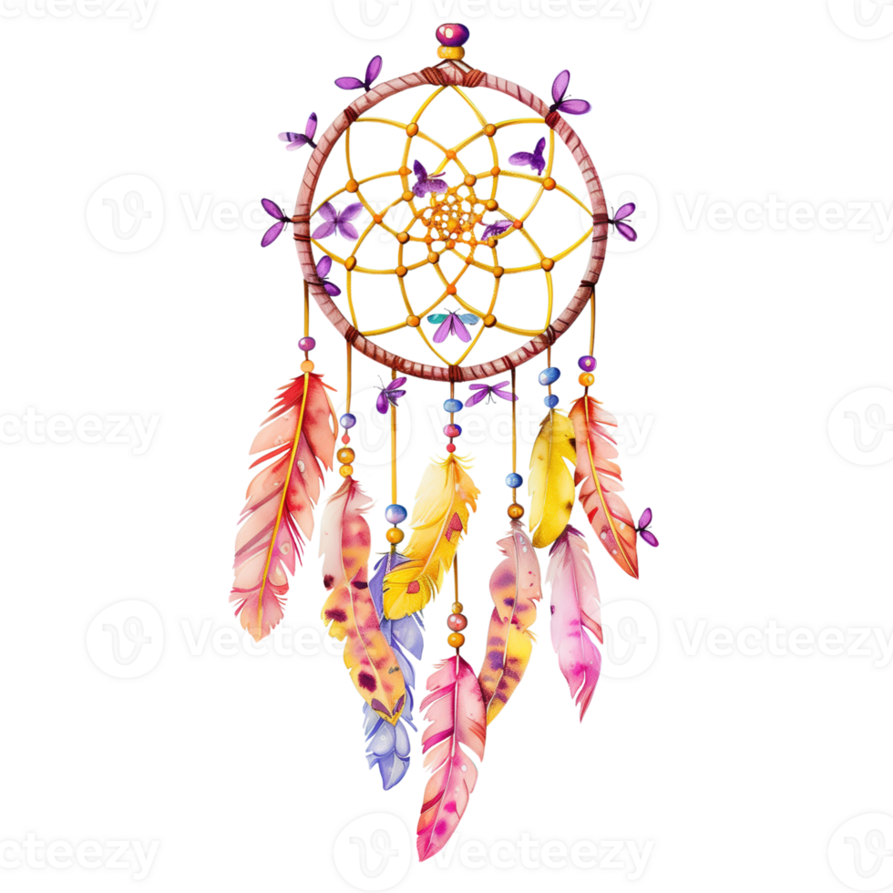 Dreamcatcher with Feathers in Pink, Yellow, and Lavender Tones Adorned with Tiny Purple Moths png