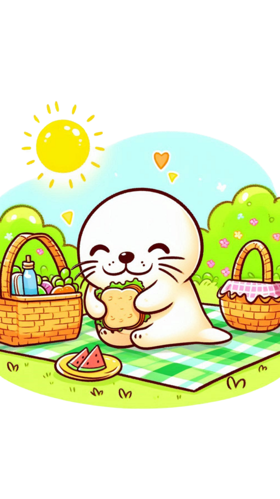 Cute Baby Seal Enjoying a Picnic with a Basket Full of Delicious Treats and a Cozy Blanket png
