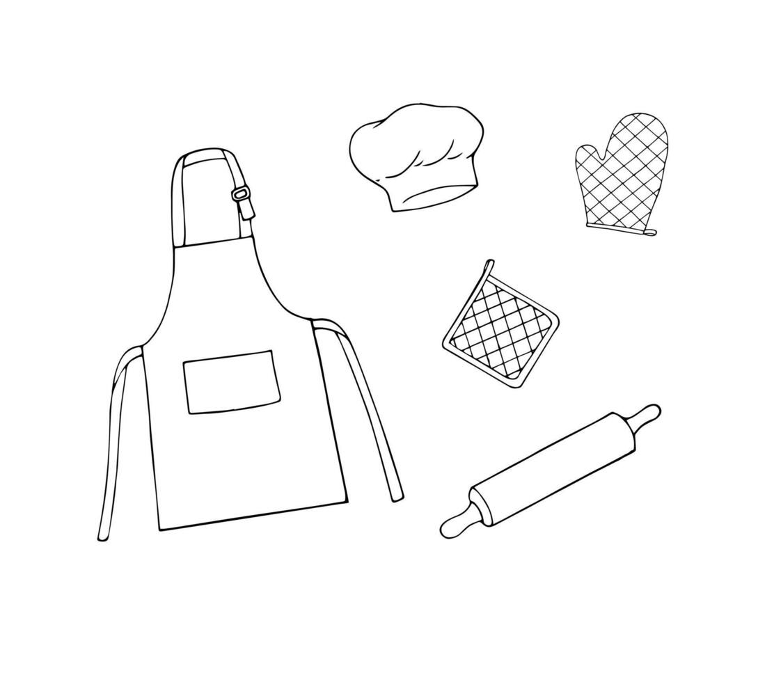 Kitchen oven mitts and pot holder set for safety. With a professional chef apron with pocket, and heat-resistant oven gloves. Pot holder for the kitchen, adjustable cooking apron vector