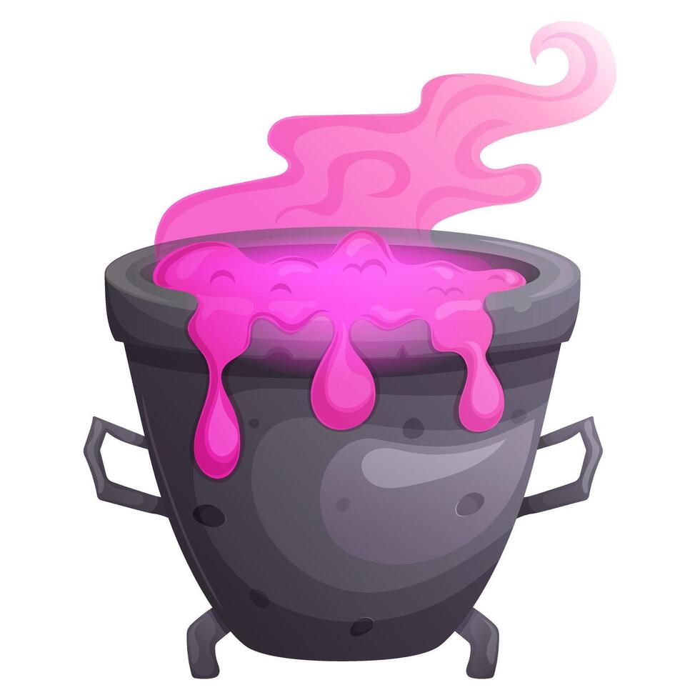 Magic witch cauldron isolated on white. Halloween pot with boiling potion. vector