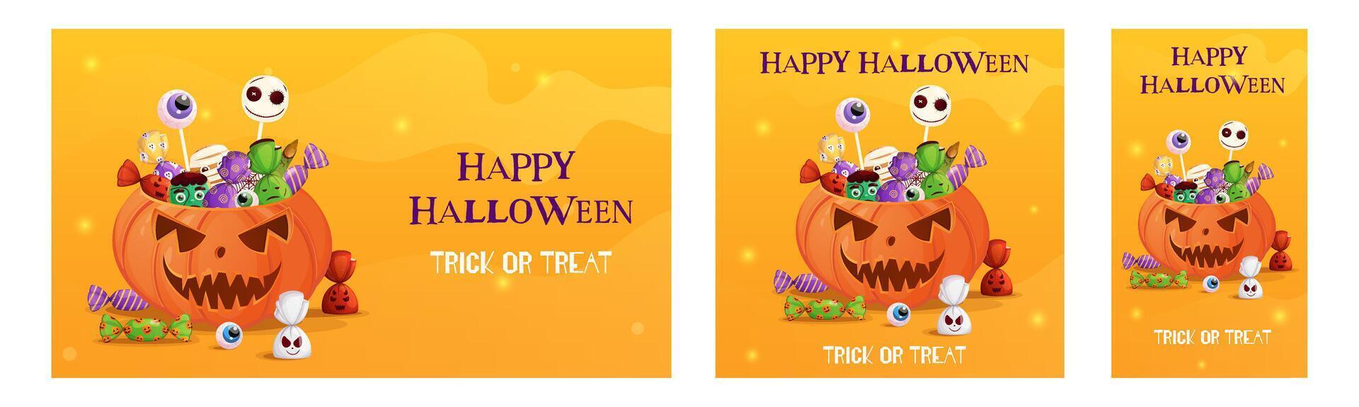 Halloween stories, banner, post with scary pumpkin full of spooky sweets. Trick or treat illustration set. vector