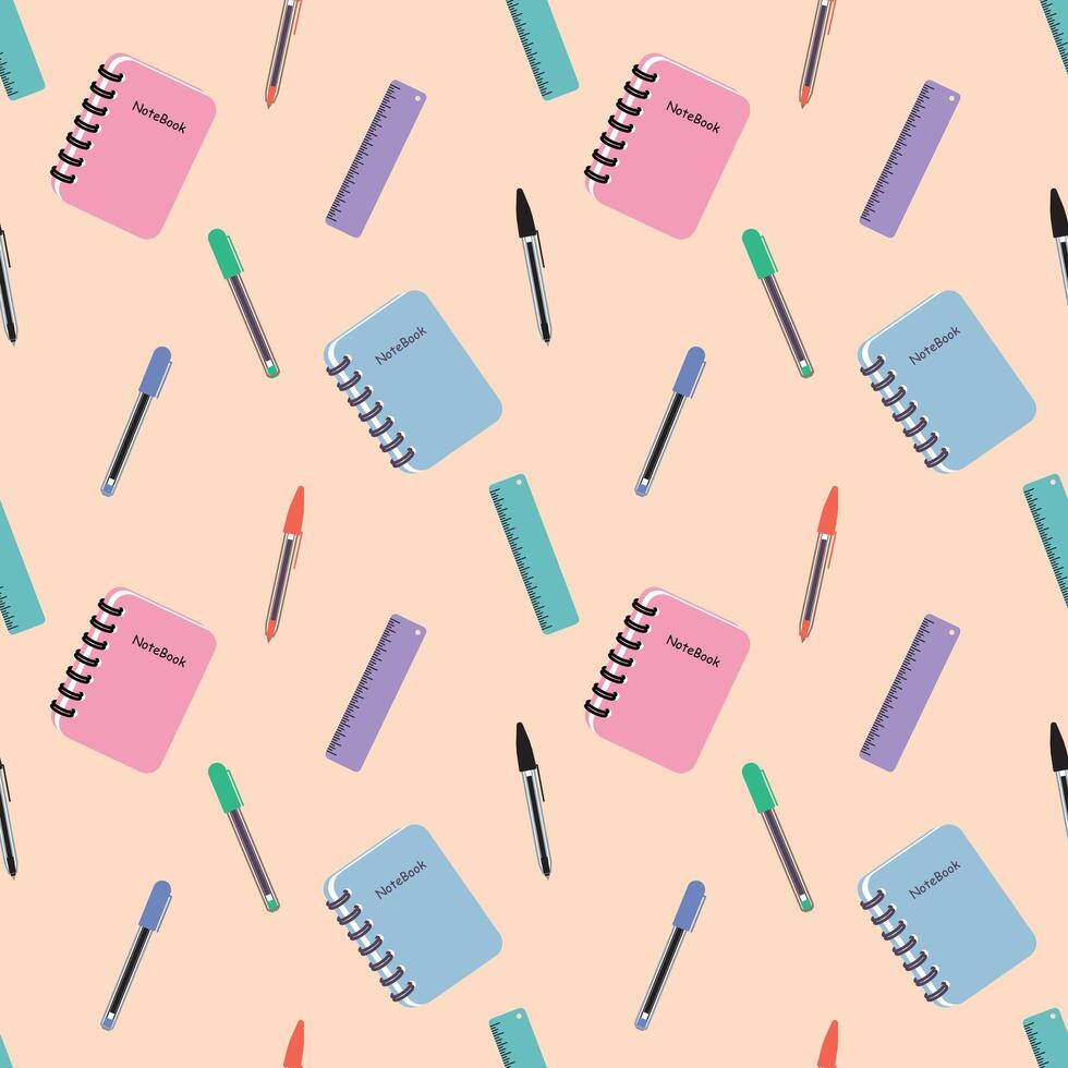 A seamless random pattern of ballpen,ruler, and notebook on a cream background in a school object minimal concept vector
