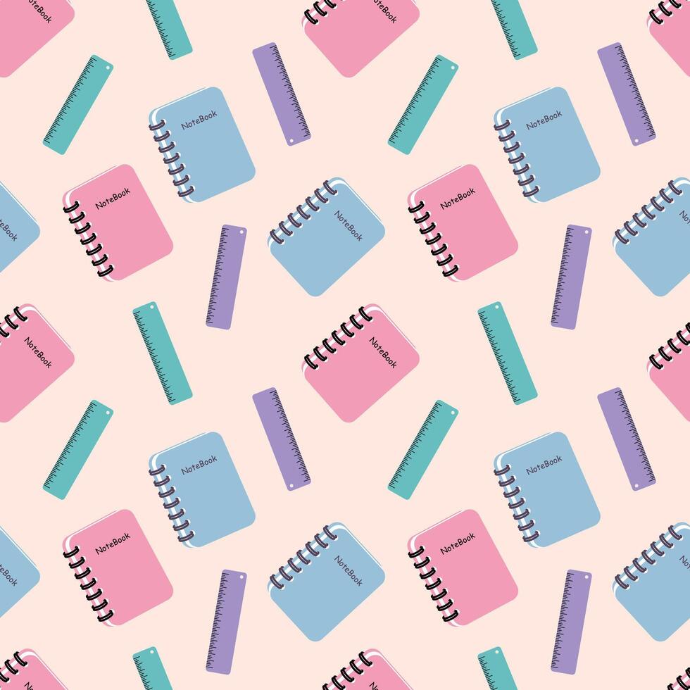 A seamless random pattern of notebook and ruler on a cream background in a school object minimal concept vector