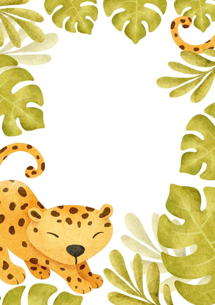 Cute baby african leopard and tropical leaves. Funny frame of cheetah. Kid's hand drawn watercolor background. Safari Template for children's invitation cards, baby shower, decoration of kid's room vector