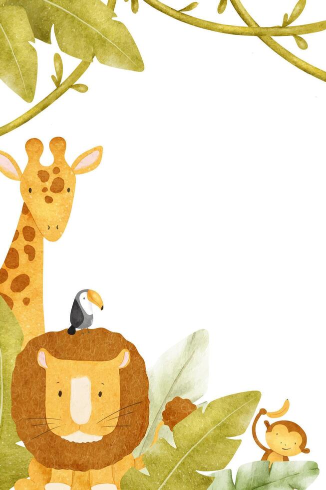 Lion, toucan, Giraffe, monkeys with bananas, tropical leaves and leans. Frame of Baby Jungle animals. Funny kid's hand drawn watercolor background of Safari. Layout for children's goods vector