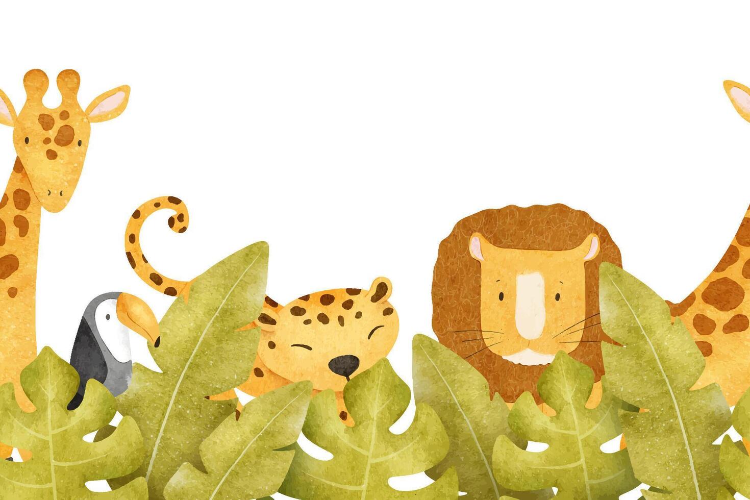 Jungle animals like leopard, lion, giraffe, toucan and tropical leaves. Isolated hand drawn watercolor seamless border. Templates for children's baby shower cards, decoration of kid's rooms vector