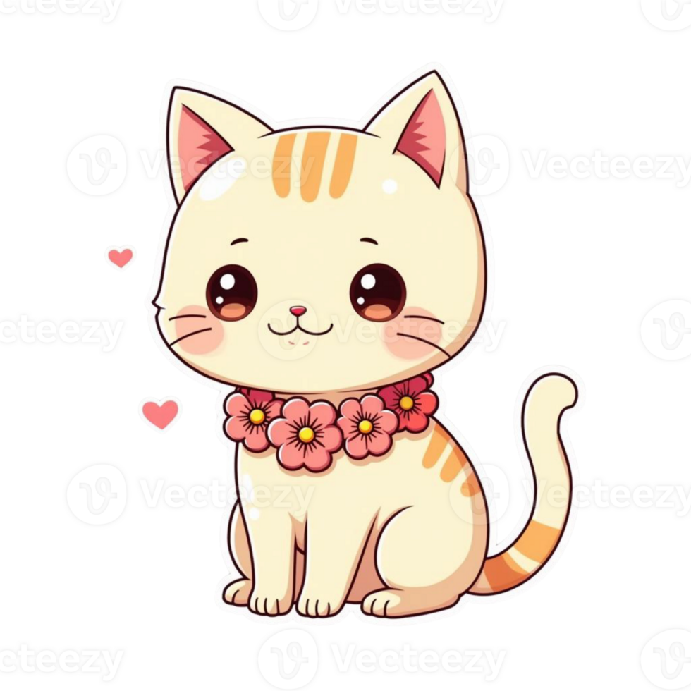 A cute cartoon cat with flowers on its neck png