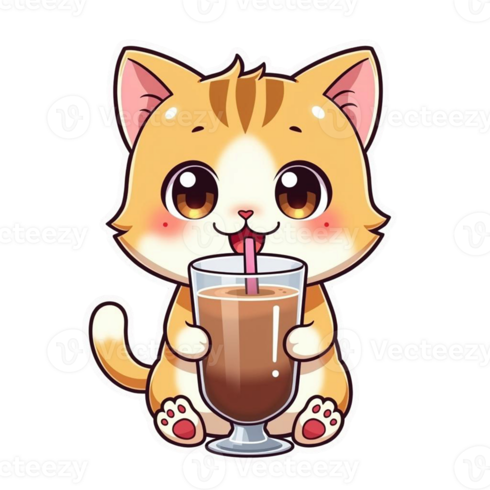 A cute cat drinking a drink with a straw png