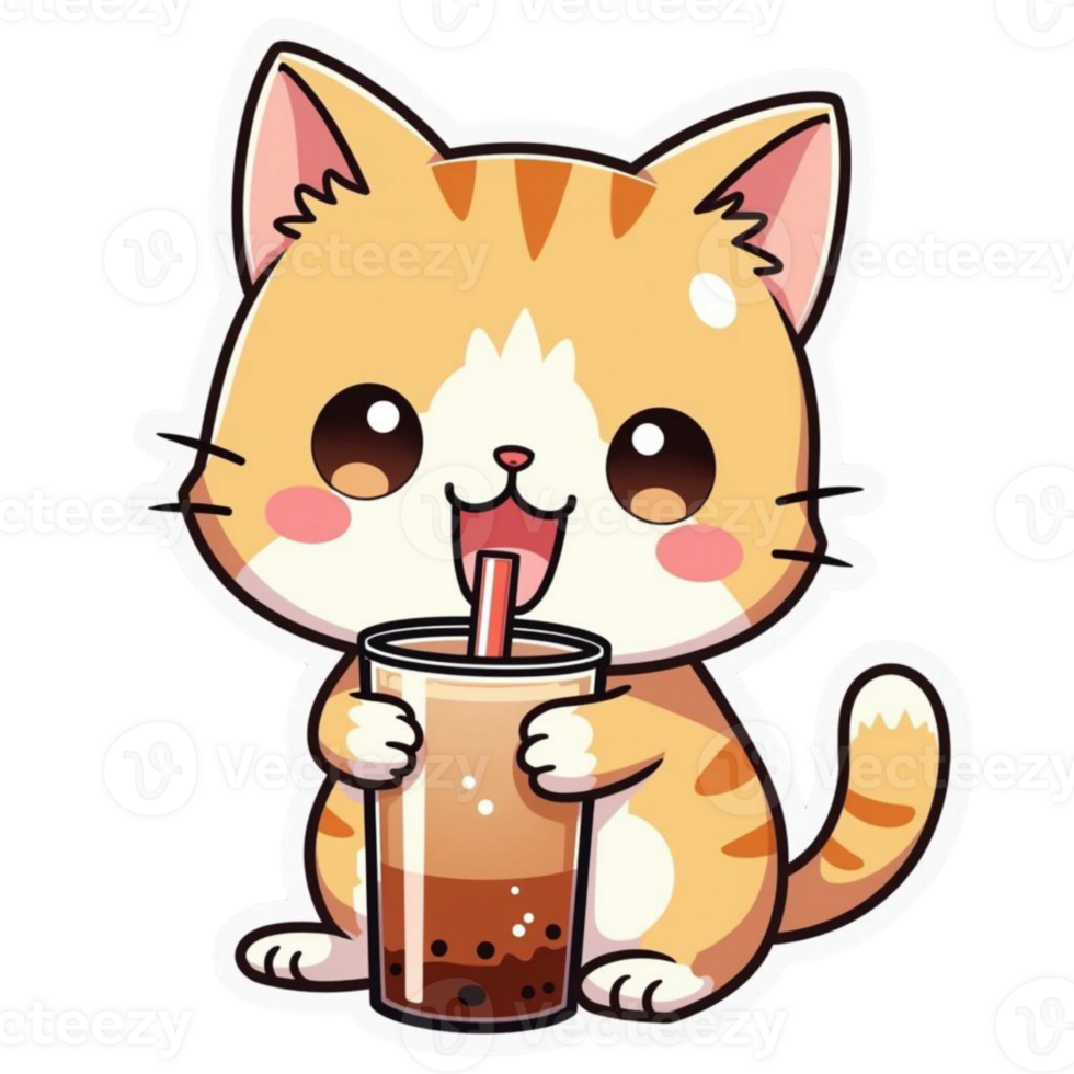 A sticker of a cat drinking a drink png