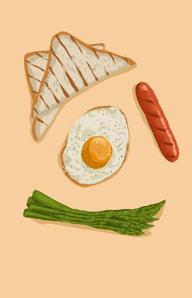 illustration of fried egg smoke bread asparagus sausage for breakfast vector