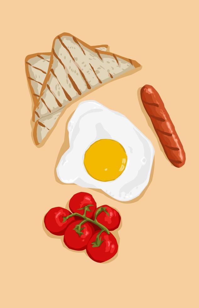 illustration of fried eggs Toasted white bread. sausage and tomato for breakfast vector