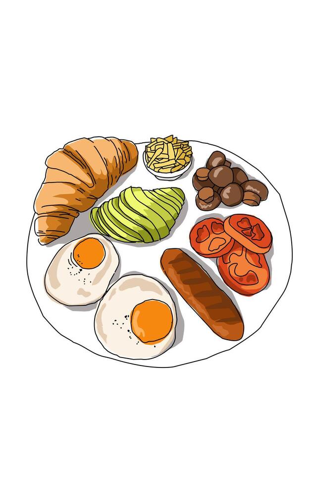 Complete breakfast with fried eggs avocado mushroom sausage and grill tomato on white plate vector