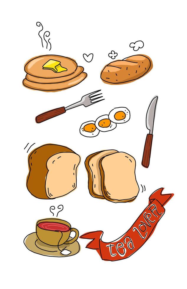 Breakfast menu with tea eggs white bread and pancakes object cartoon vector