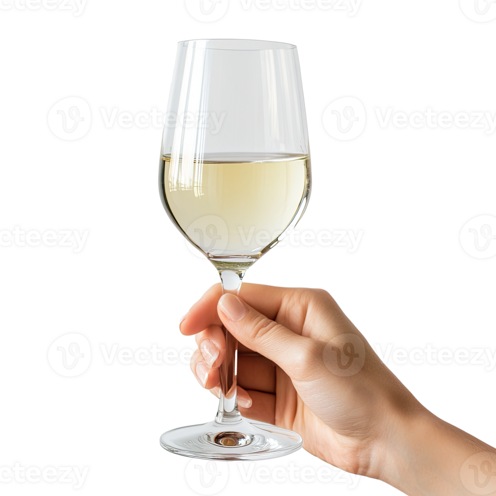 Woman hand is holding glass of white wine png