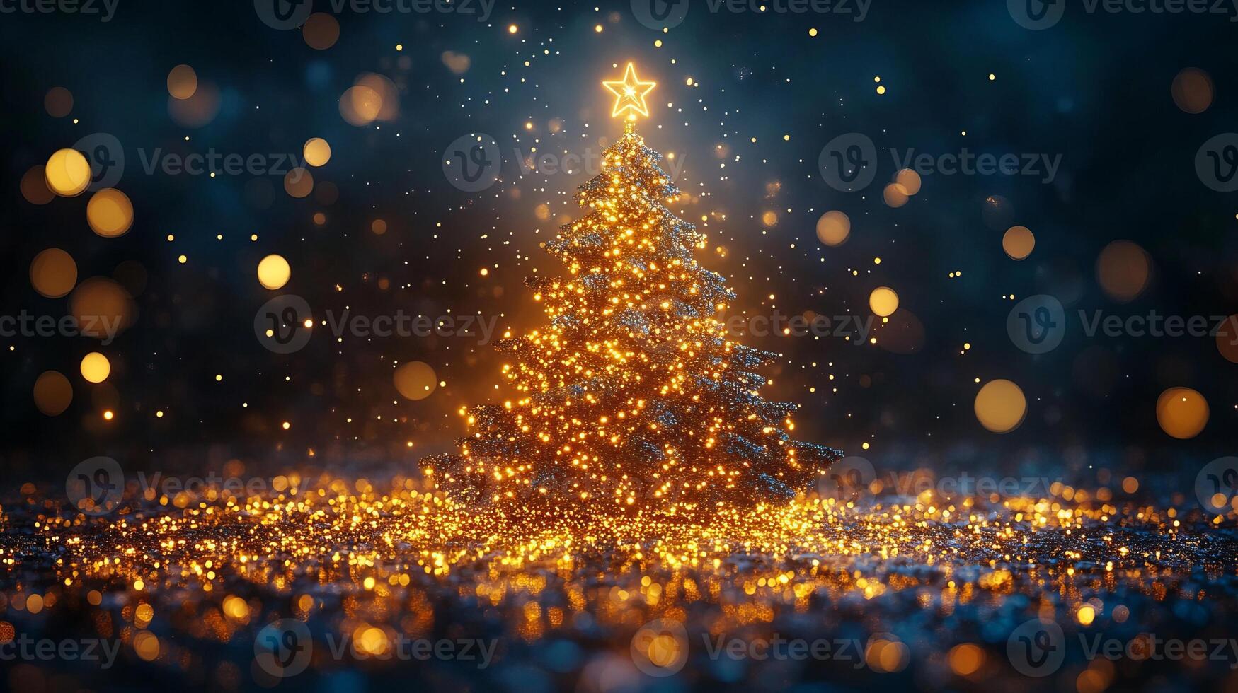A glowing Christmas tree adorned with lights and a star, surrounded by sparkles. photo