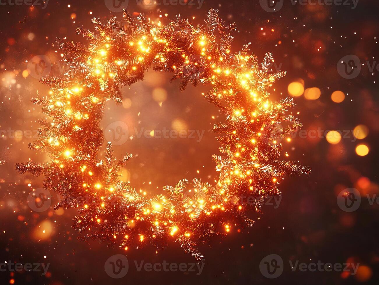 A glowing, festive wreath surrounded by sparkling lights and a warm ambiance. photo