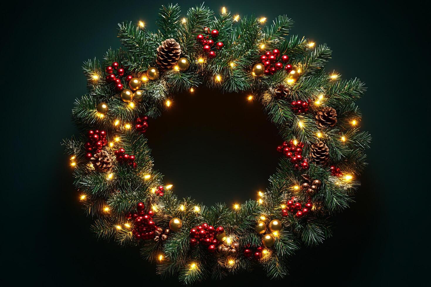 Christmas wreath with red berries and pine cones on a dark background photo