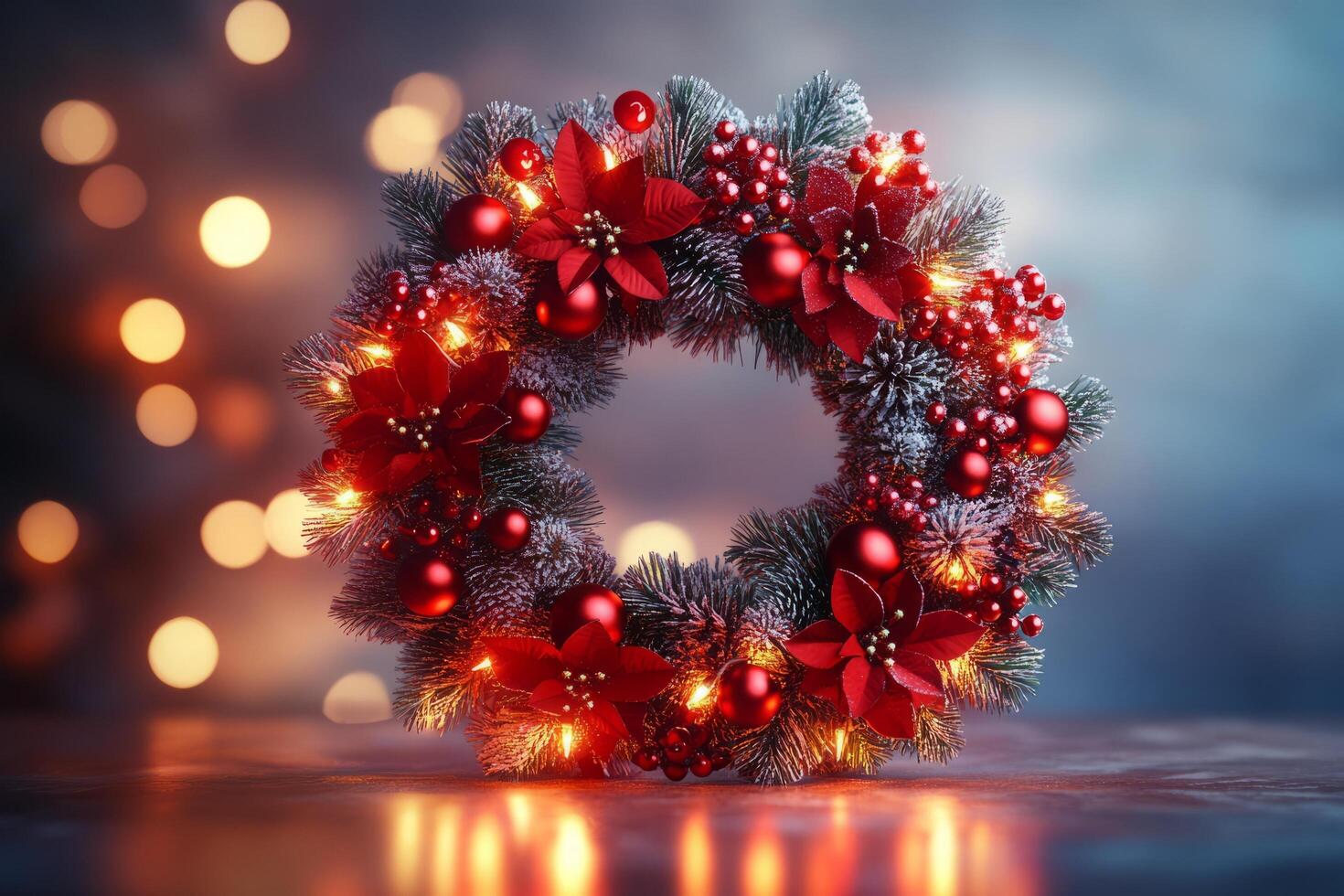Christmas wreath with red poinsettia and lights on a blurred background photo