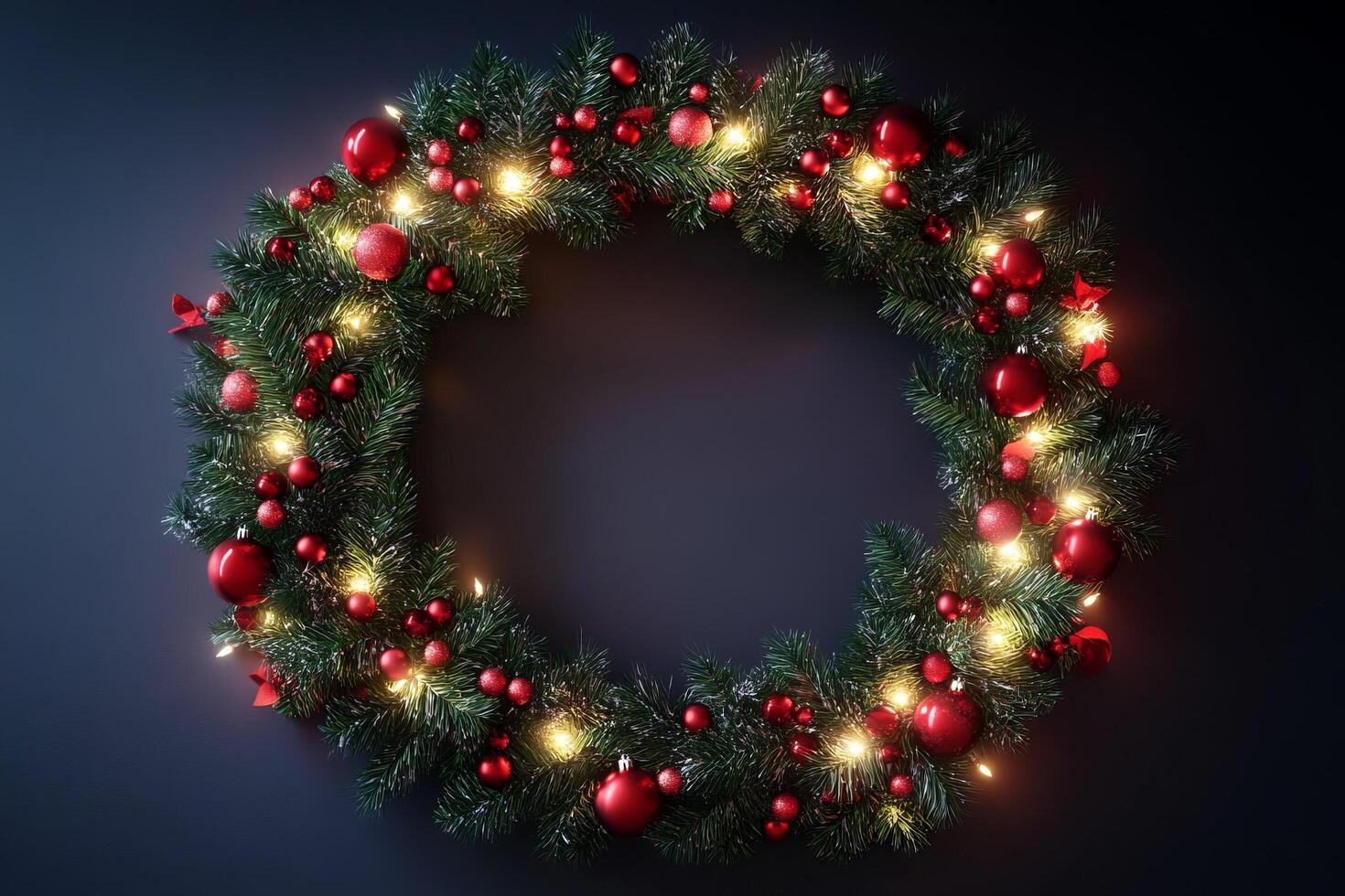 Christmas wreath with red balls and christmas lights on a dark background photo