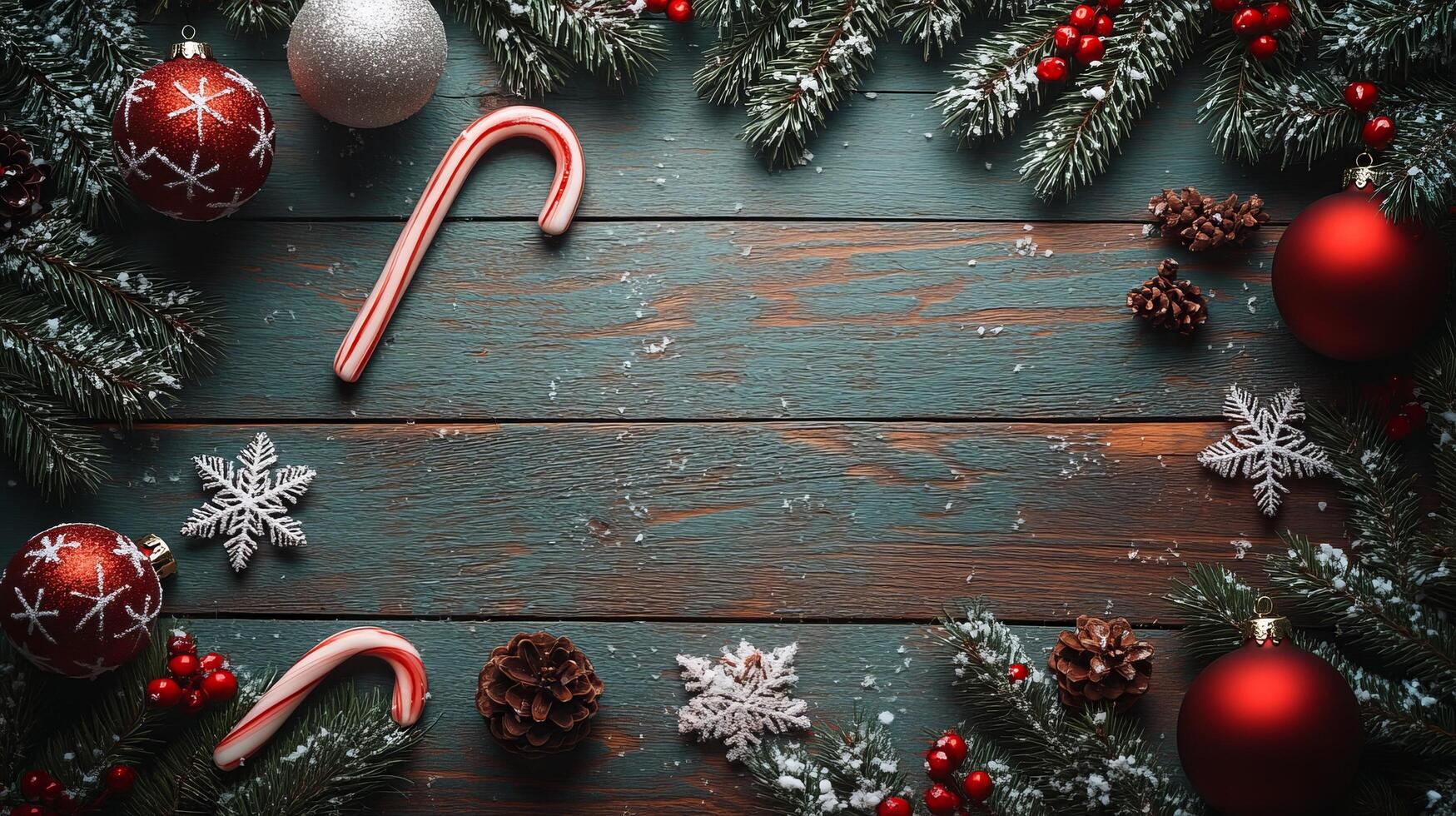 Christmas background with red and green decorations on wooden table photo