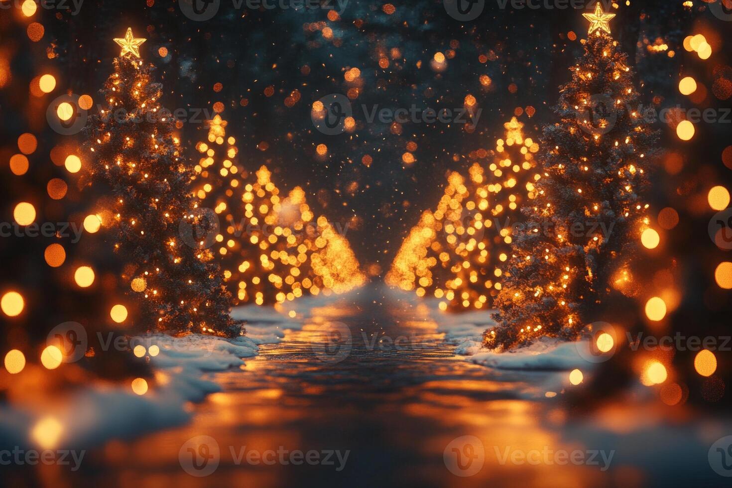A serene, illuminated pathway lined with Christmas trees and festive lights. photo
