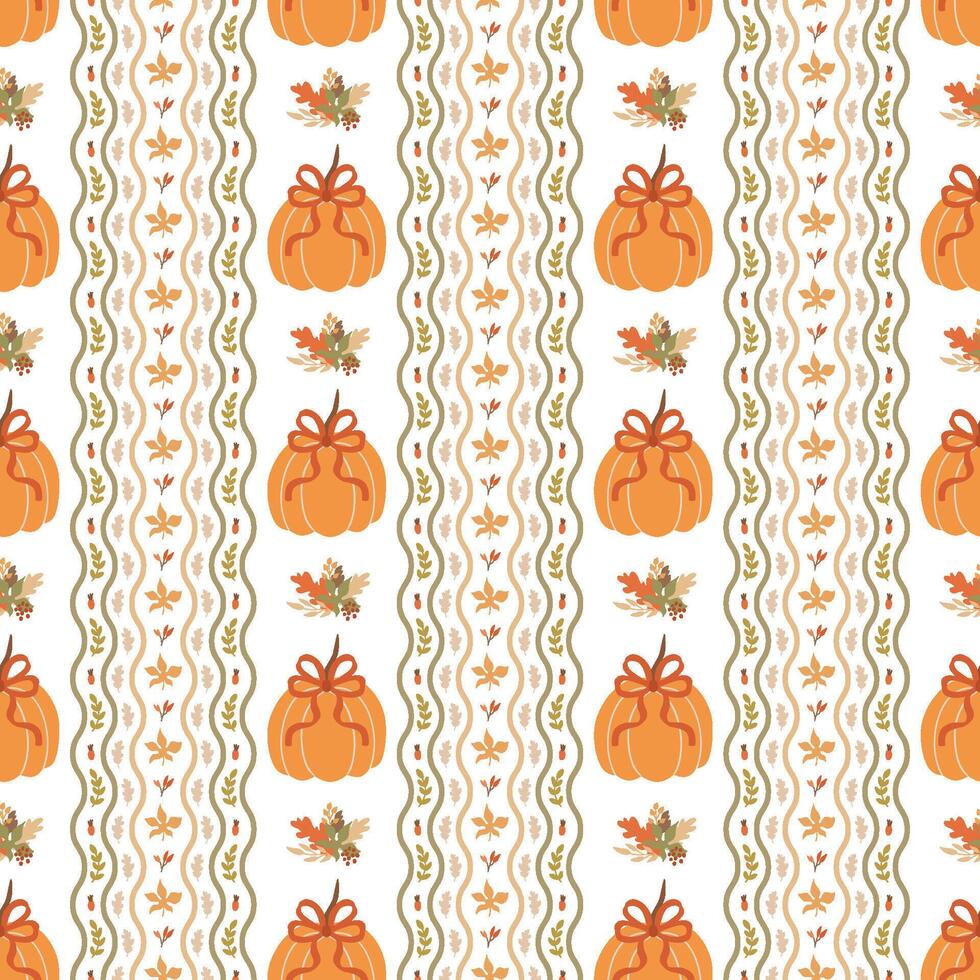 Coquette fall bows and pumpkin seamless pattern. Autumn grandmillennial vertical striped background with ribbons, leaves. wallpaper, print, wrap paper, cute floral textile design, fabric. vector