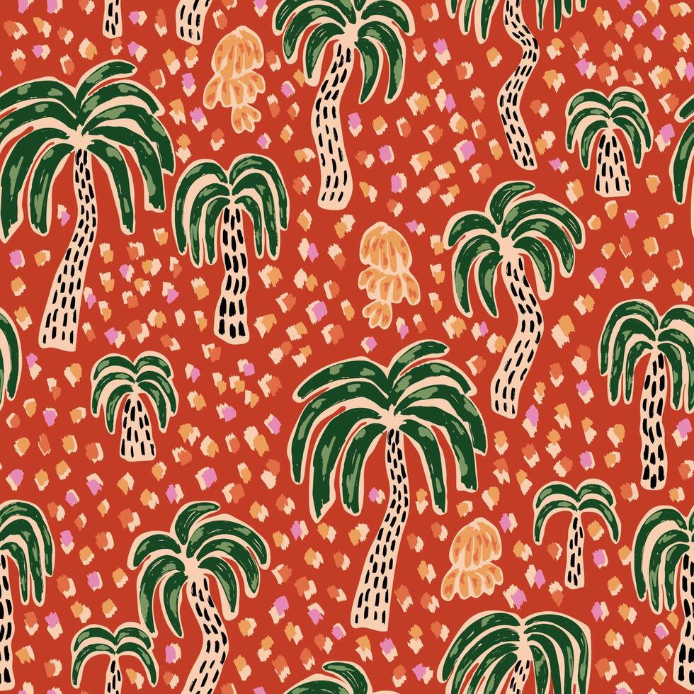 Abstract hand drawn palm tree and safari animal skin seamless pattern. Cute silhouettes tropical coconut, bananas, forest, jungle. exotic camouflage print, summer wallpaper. Hawaii beach design vector