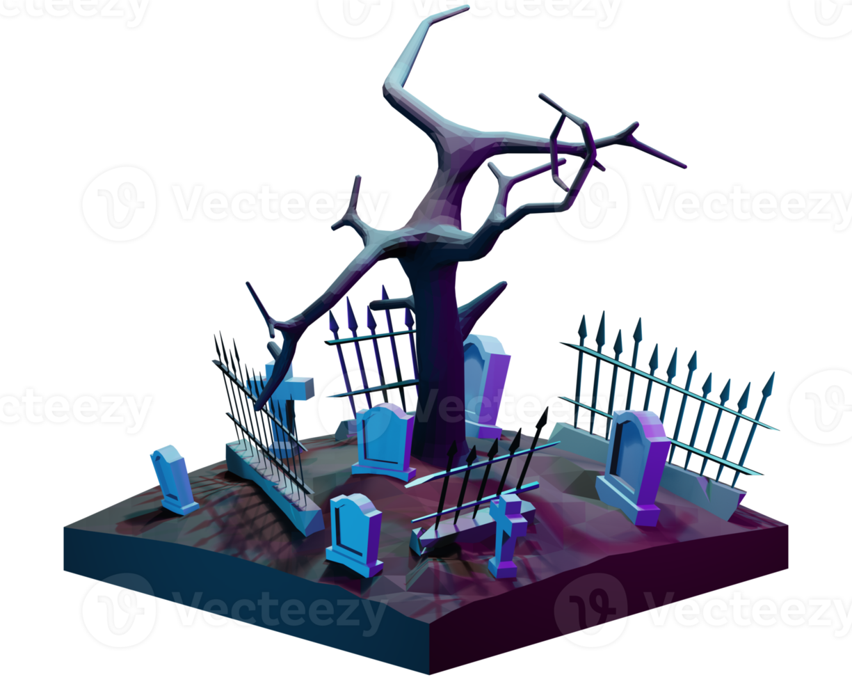 A 3d image of a graveyard with a tree png
