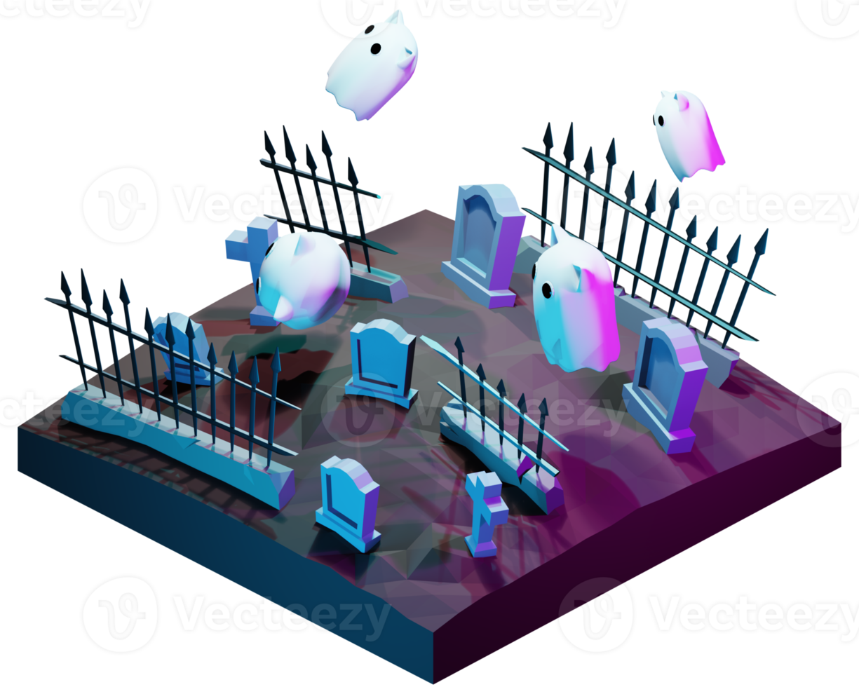 A 3d illustration of a graveyard with ghosts flying around png