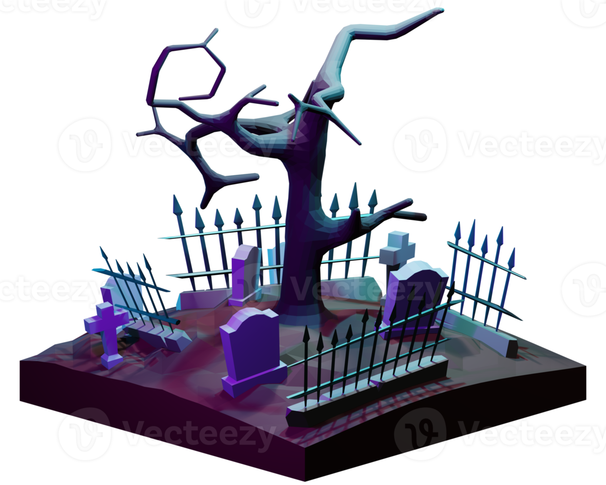 A 3d image of a graveyard with a tree png
