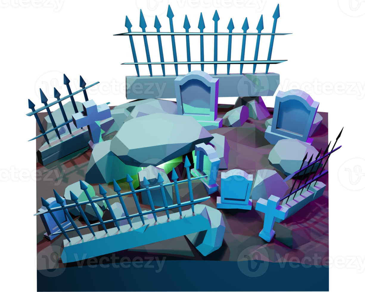 A low poly model of a graveyard with tombstones and fences png