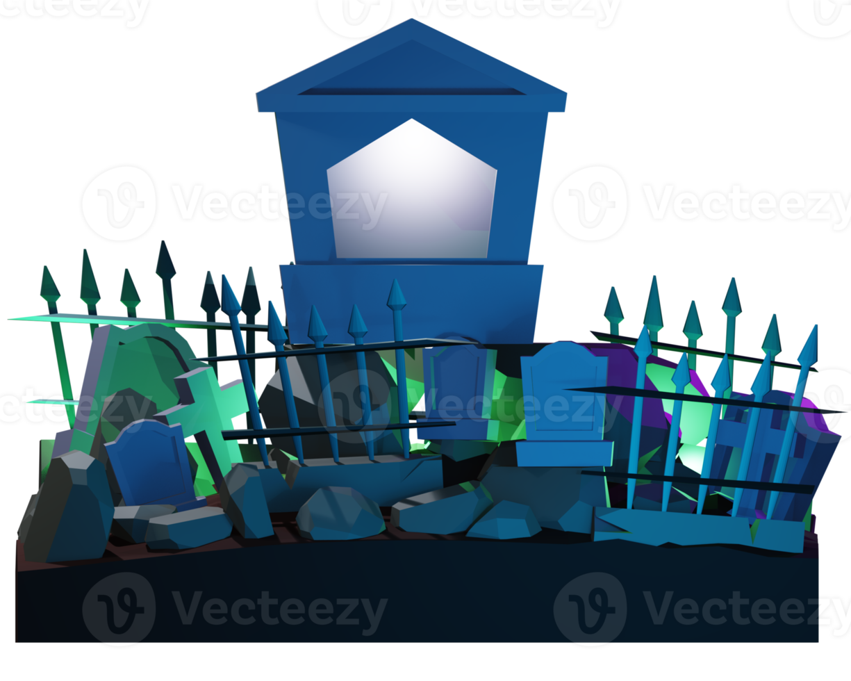 A blue house with a graveyard in the background png