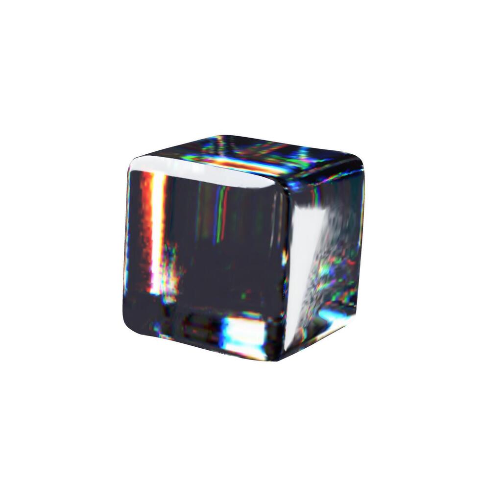 3d render glossy cube. three-dimensional illustration. Glassmorphism crystal design. Abstract shape glasses. Realistic transparent element rainbow gradient. Hologram diamond refraction prism. vector