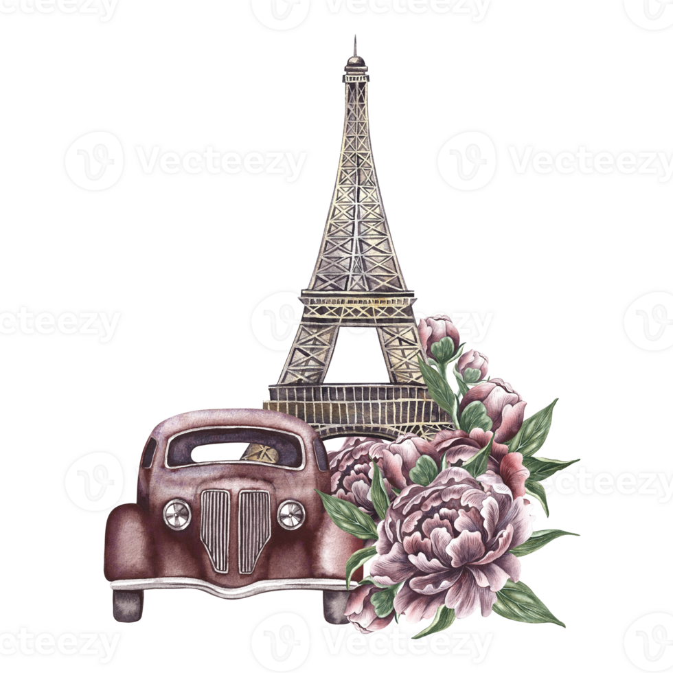 Clásico viaje a París. retro auto, eiffel torre, peonía flores.. un acuarela ilustración hecho por mano. para impresión, pegatinas, invitación y saludo tarjetas, carteles y volantes png