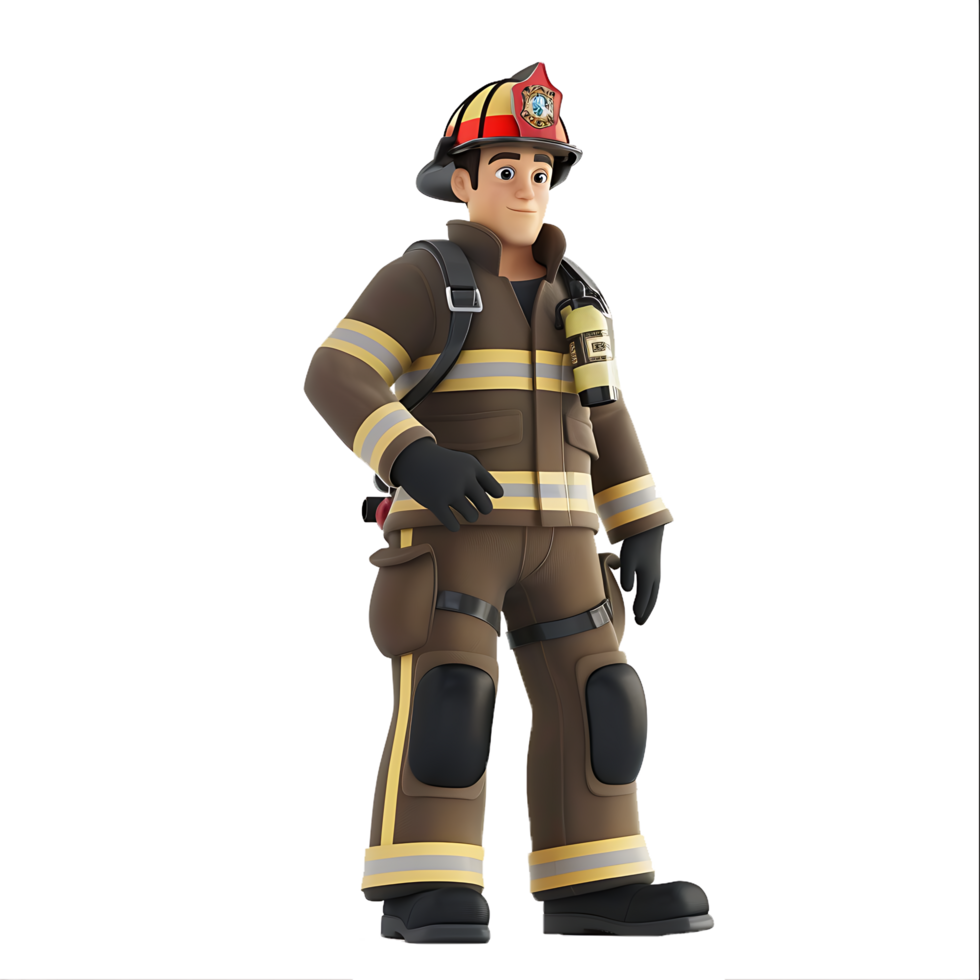 Cartoon Firefighter in Full Uniform Standing with a Hand on Hip png