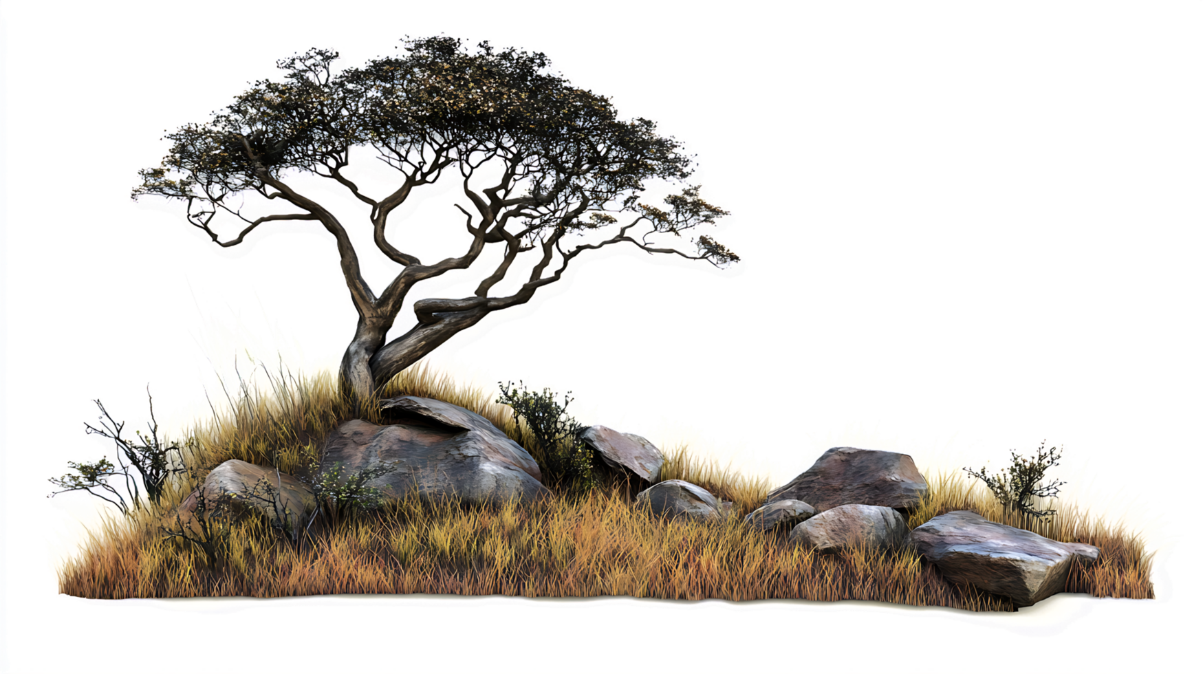 A Single Tree on a Rocky Outcropping with Grass and Bushes png