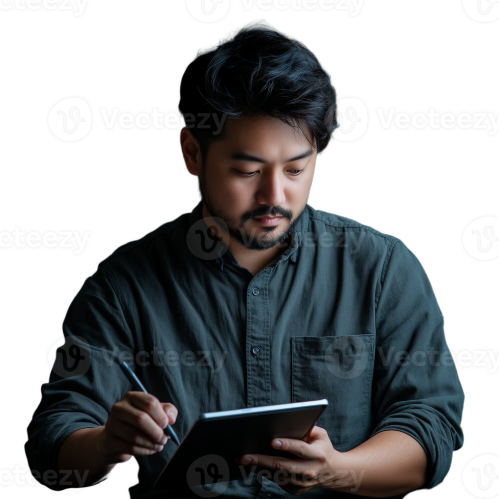 Man with a beard using a tablet, with a concentrated expression and relaxed posture png