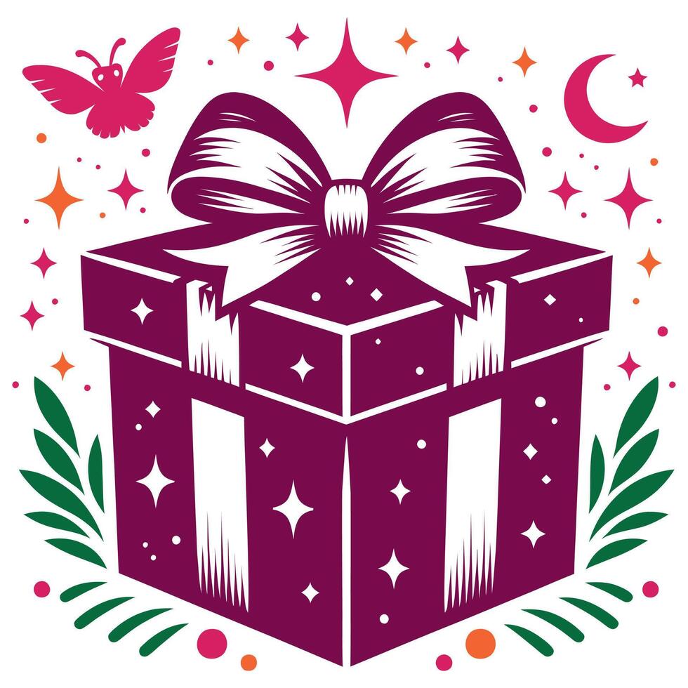 Gift box with star butterfly moon and leaf Concept Isolated illustration on a white background vector