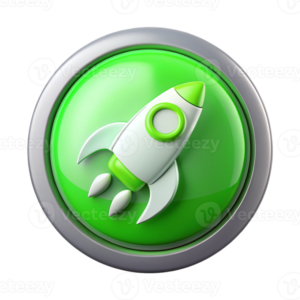 Green launch start button icon with a rocket symbol, perfect for business, app, or website interfaces, symbolizing innovation, progress, and technology startup concepts png